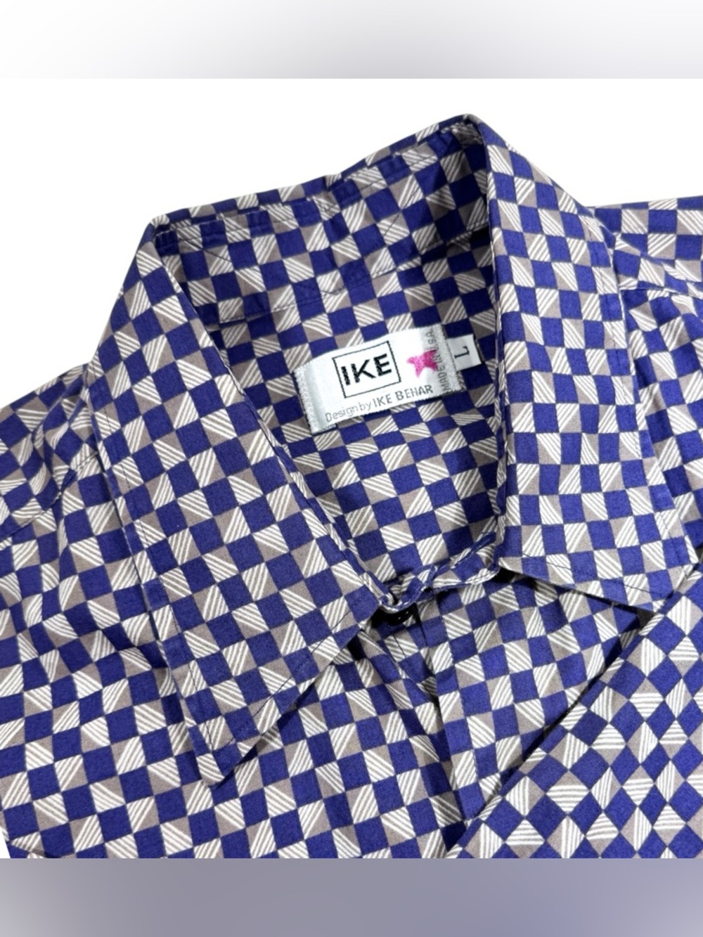 Ike Behar Blue and White Geometric Check Button-Down Shirt